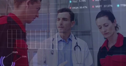 Animation of financial data over caucasian male doctor and paramedics talking Stock Footage 330177317