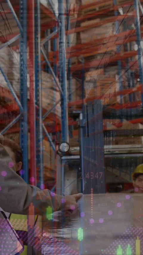 Animation of financial data over caucasian male warehouse workers Stock Footage 341991336