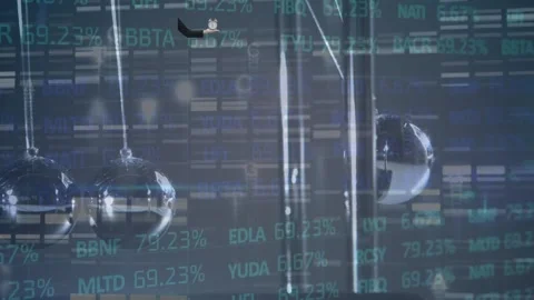 Animation of financial data over data processing and newton balls Stock Footage 329126430