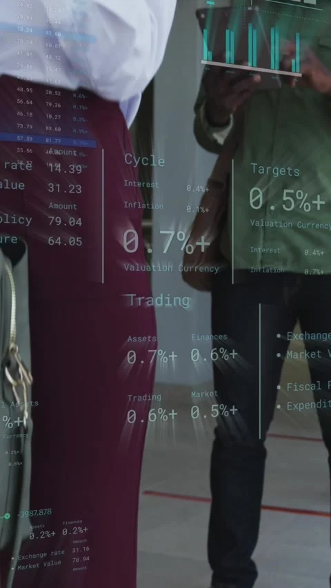Animation of financial data over diverse business people in face masks queueing Stock Footage 323899634