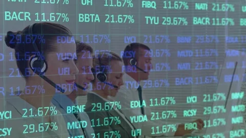 Animation of financial data over diverse female and male consultants working in Stock Footage 327592003
