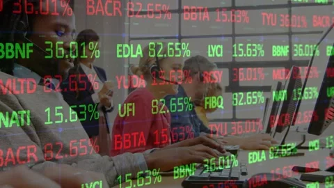 Animation of financial data over diverse female and male consultants working in Stock Footage 329976240