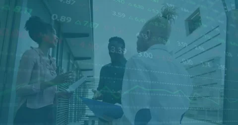 Animation of financial data over diverse coworkers clapping hands Stock Footage 330406906
