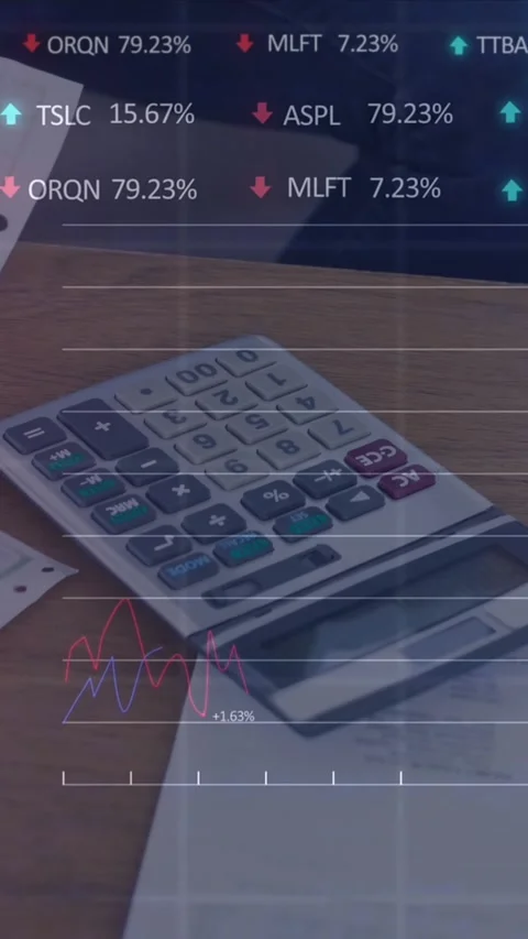 Animation of financial data over documents and calculator lying on desk Stock Footage 344745368