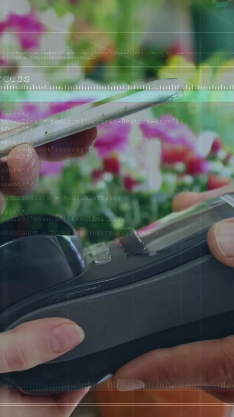 Animation of financial data over hands of diverse people using payment terminal Stock Footage 343682301