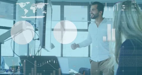 Animation of financial data over happy caucasian businessman clapping hands with Stock Footage 325965143