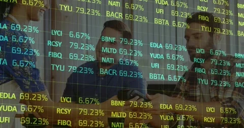 Animation of financial data over happy caucasian waitress and men using wireless 库存影片 330658080