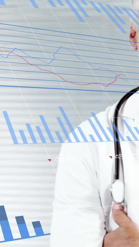 Animation of financial data over happy senior caucasian male doctor Stock Footage 341920820