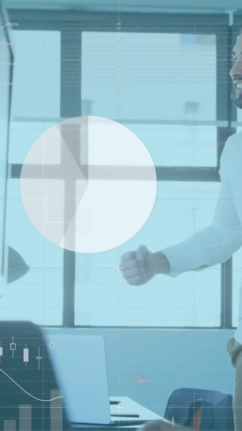 Animation of financial data over happy caucasian businessman clapping hands with Stock Footage 343902712