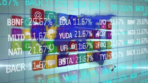 Animation of financial data over tech icons on green background Stock Footage 327897420