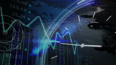 Animation of financial data overlaying world map with abstract digital elements Stock Footage 305285224