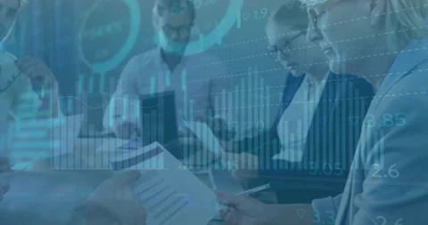 Animation of financial data processing against businesspeople with documents Stock Footage 229830094