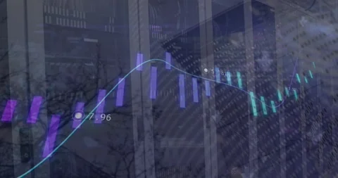 Animation of financial data processing against empty computer server room Stock Footage 329706866