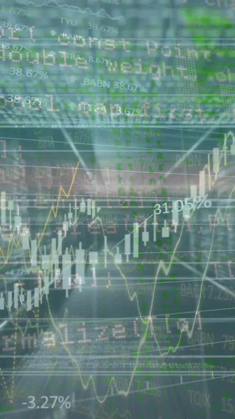 Animation of financial data processing against empty computer server room Stock Footage 343129141