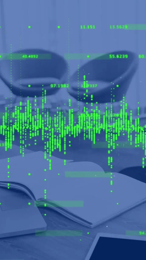 Animation of financial data processing against empty office Stock Footage 344765749