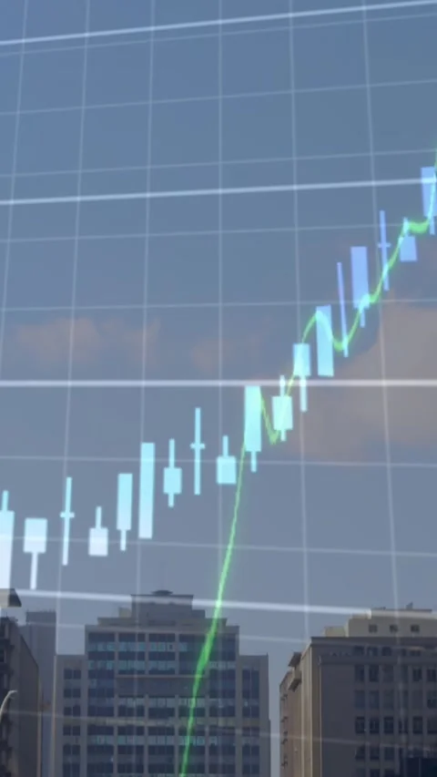 Animation of financial data processing against view of tall buildings against 스톡 동영상 344803537