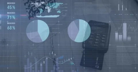 Animation of financial data processing and statistics over payment terminal Stock Footage 201539714