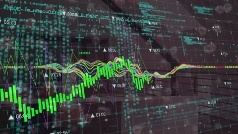 Animation of financial data processing and virus cells over empty room Stock Footage 224618007