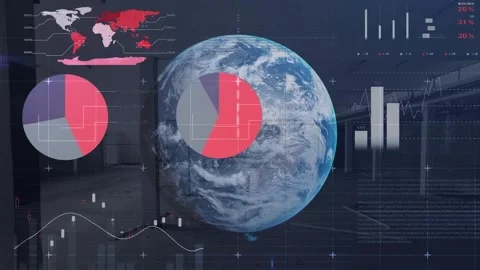 Animation of financial data processing and globe over empty room Stock Footage 233225891