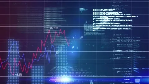 Animation of financial data processing and binary coding over grid on dark Stock Footage 235740483