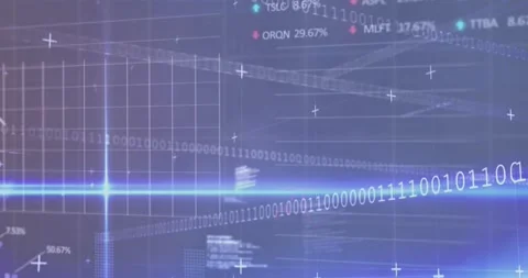 Animation of financial data processing and binary coding over grid on purple Stock Footage 235744281