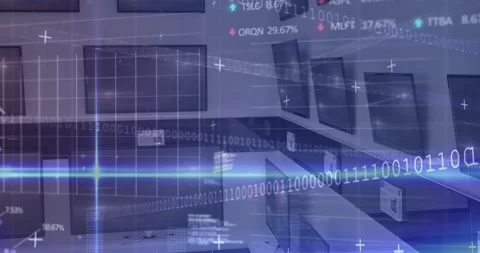 Animation of financial data processing and binary coding over grid and Stock Footage 235744285