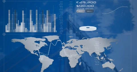 Animation of financial data processing and world map over modern office building Vídeos de archivo 238395061