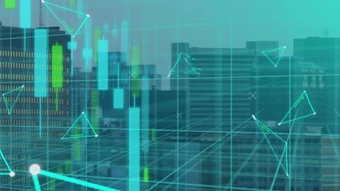 Animation of financial data processing and triangles over cityscape Stock Footage 240257315