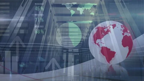 Animation of financial data processing and globe over computer servers Stock Footage 266184675