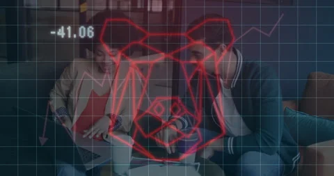 Animation of financial data processing and bear icon over diverse colleagues 스톡 동영상 307577869