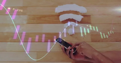 Animation of financial data processing and wifi icon over caucasian woman using Vídeos de archivo 310032669