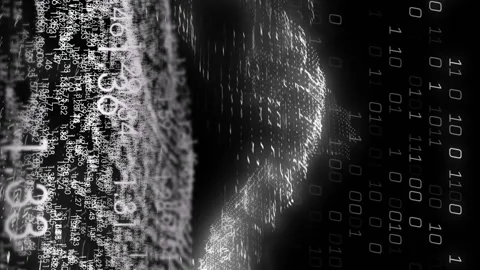 Animation of financial data processing and binary coding over black background Video stock 312285141