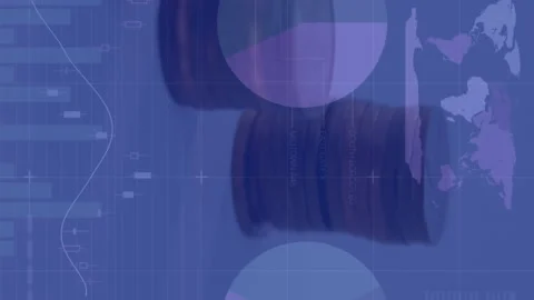 Animation of financial data processing and statistics recording over stacks of Stock Footage 312436454