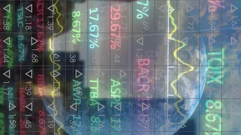 Animation of financial data processing and globe with cityscape in background Stockbeeldmateriaal 312645321