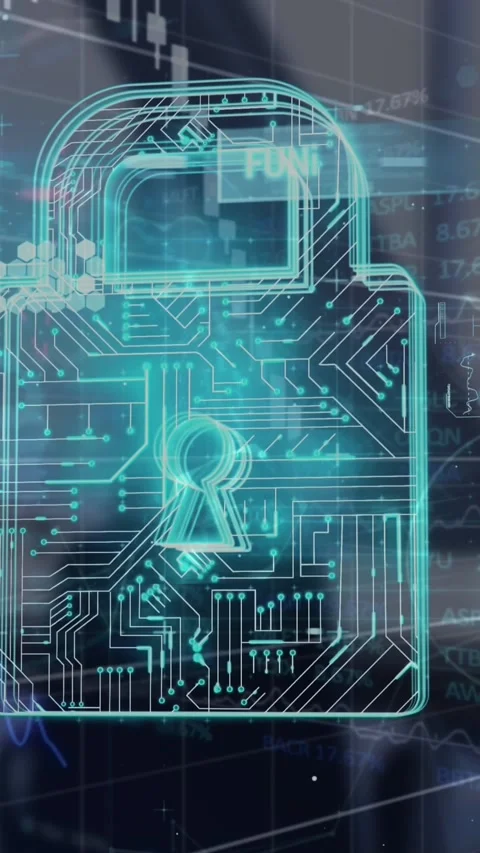 Animation of financial data processing and padlock icon over empty office Stock Footage 322891444
