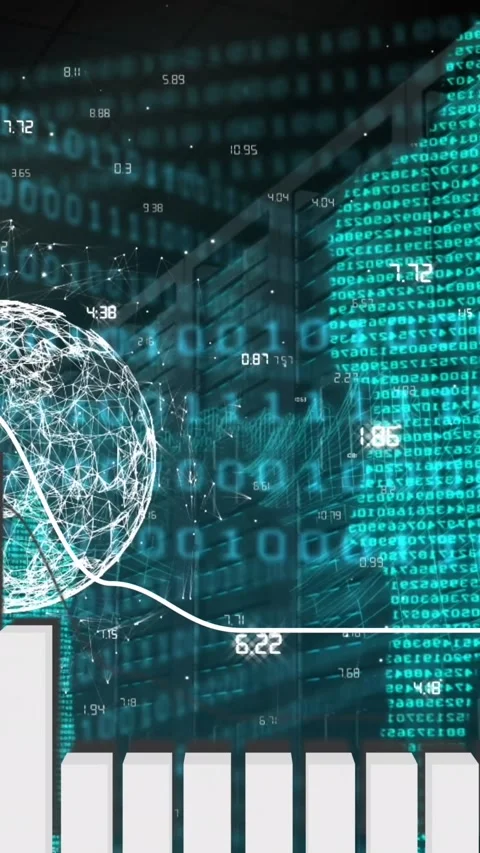 Animation of financial data processing and binary coding over black background Video stock 323783690