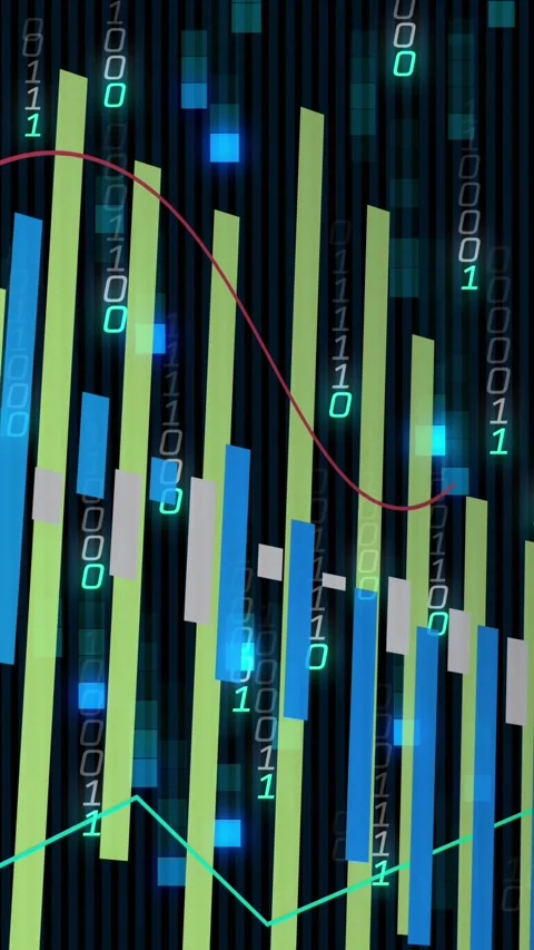 Animation of financial data processing and binary coding over black background Stock Footage 323783696