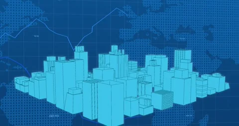 Animation of financial data processing and world map over 3d cityscape drawing Stock Footage 326624504
