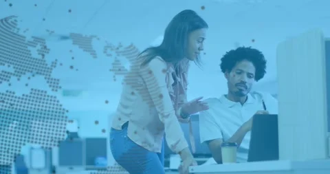 Animation of financial data processing and globe over diverse business people in Stockbeeldmateriaal 327003878