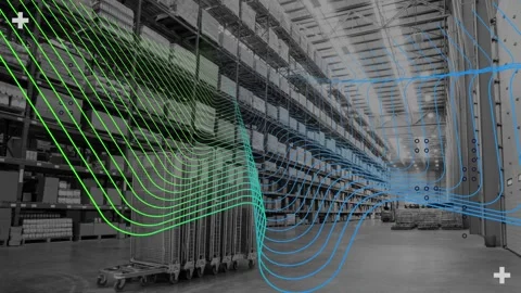 Animation of financial data processing and composition over stacked up shelves Stock Footage 327195627