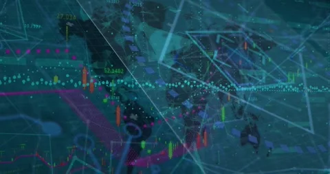Animation of financial data processing and plexus networks over world map Stock Footage 327199557