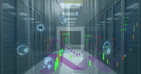 Animation of financial data processing and round scanners against computer Vídeos de archivo 327523825