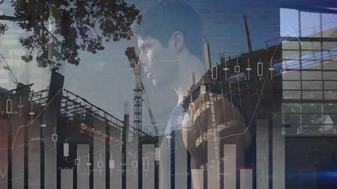 Animation of financial data processing and building site over caucasian man Vídeos de archivo 328256844