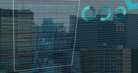 Animation of financial data processing and binary coding over city Stock Footage 328351691