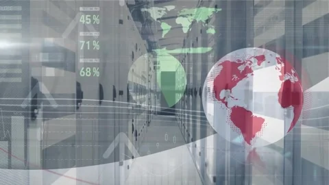 Animation of financial data processing and globe over computer servers Stock Footage 328507563