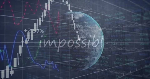 Animation of financial data processing and globe over impossible text Stock Footage 328974424