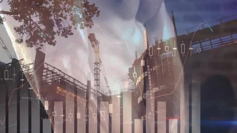 Animation of financial data processing and building site over caucasian man at Vídeos de archivo 329030922