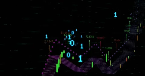 Animation of financial data processing and binary coding against black Stock Footage 329033465