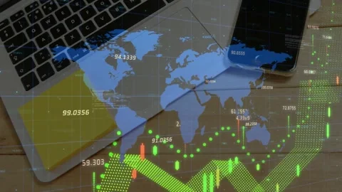 Animation of financial data processing and world map over laptop and smartphone Stock Footage 329125262