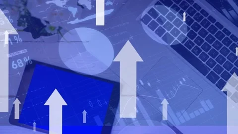 Animation of financial data processing and arrows over office table Stock Footage 329157552